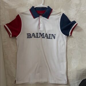 Balmain Polo Shirt in White with Red and Blue Details